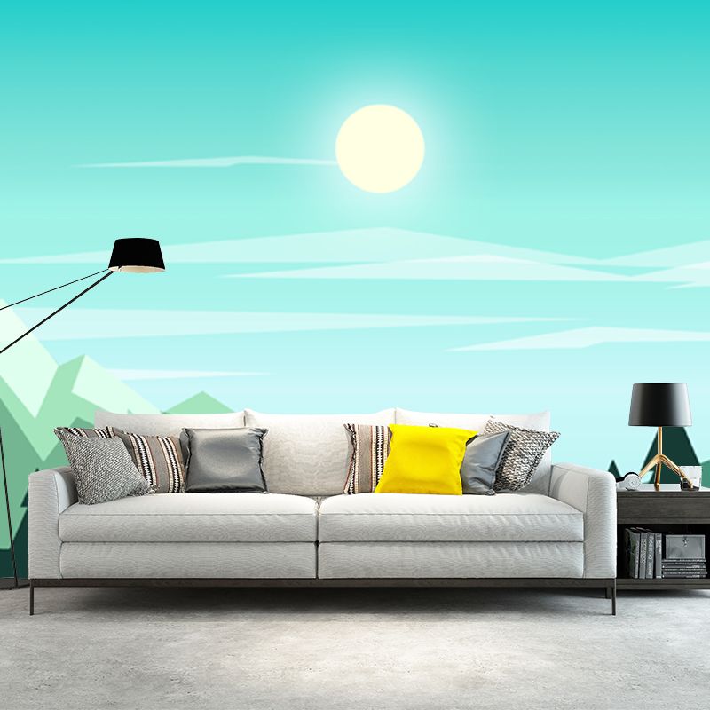 Nordic Sunshine on Mountain Murals in Aqua Pipe-Forest Wall Covering for Living Room