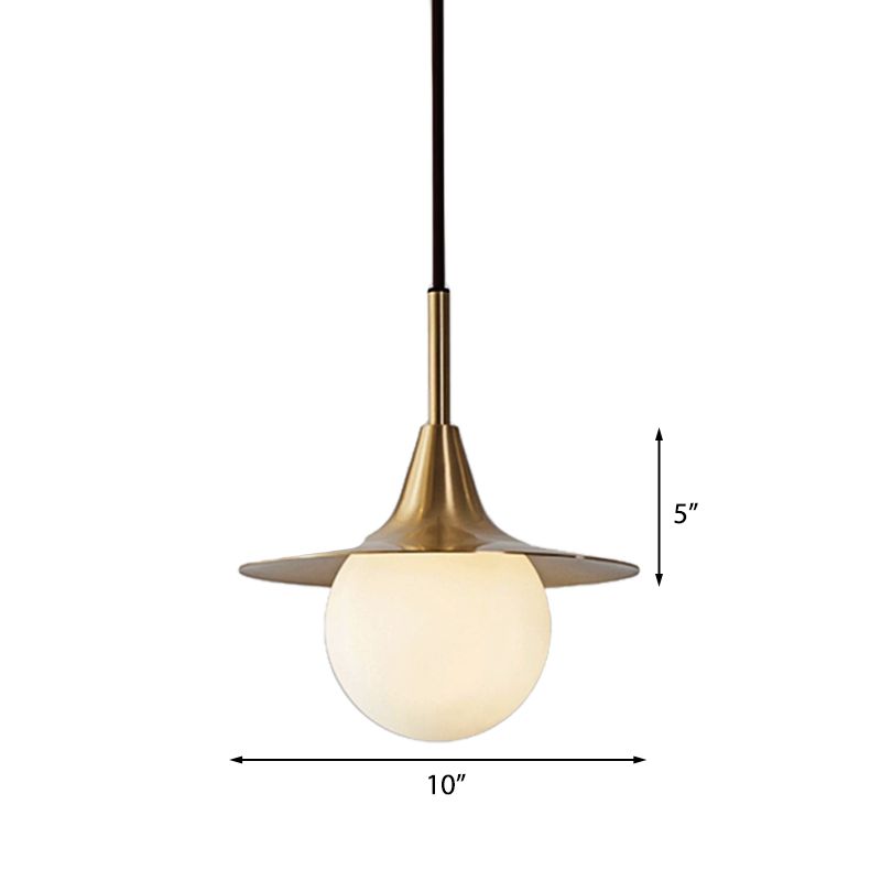1 Light Flared Ceiling Pendant Light with Milk Glass Ball Shade Mid Century Brass Hanging Lamp for Dining Table