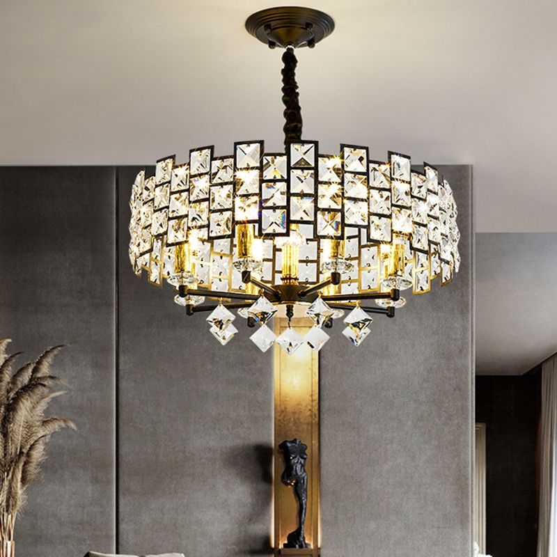 8/12 Heads Hanging Lamp Traditional Circular Crystal Embedded Chandelier Pendant Light in Black