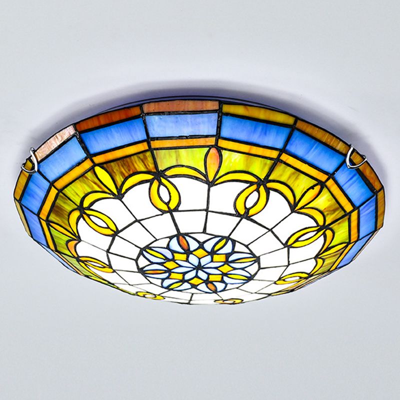 Bowl Flush Ceiling Lights 1 Light Stained Art Glass Mediterranean Flush-Mount Light Fixture
