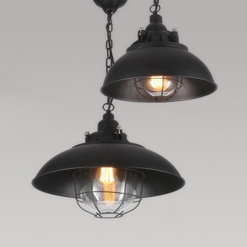 12"/16" W Bowl Metal Pendant Lighting Rustic 1-Light Bistro Hanging Lamp with Wire Cage and Clear Glass Shade in Black