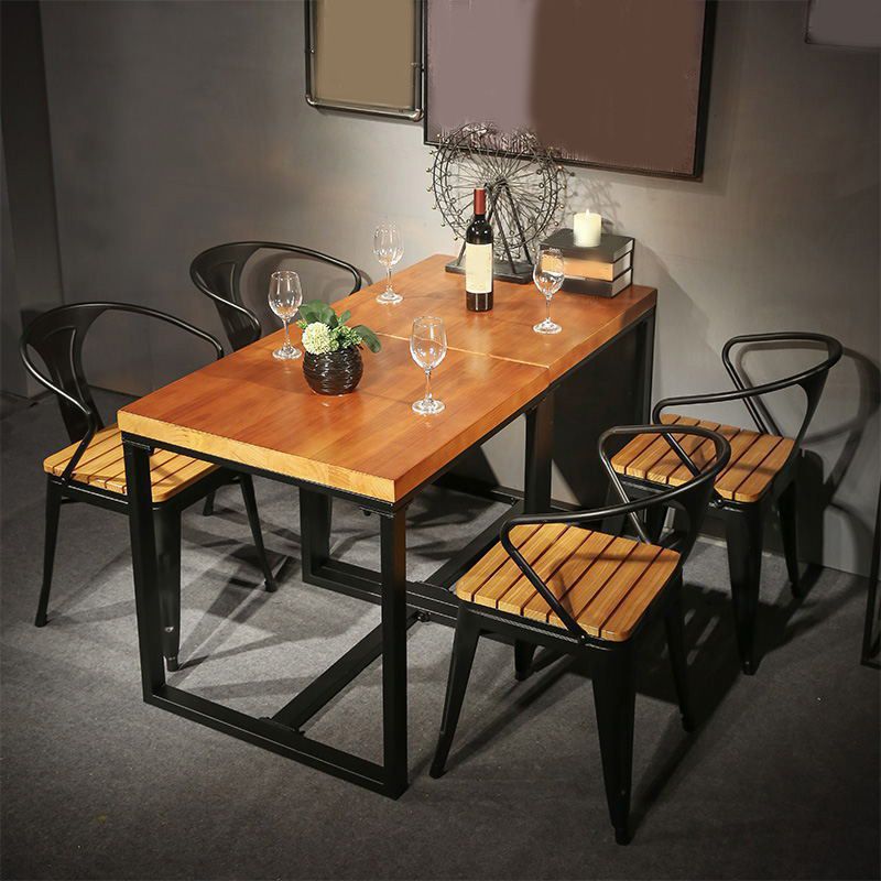 Industrial Indoor Dining Table Brown Wood Top Table with Metal Frame