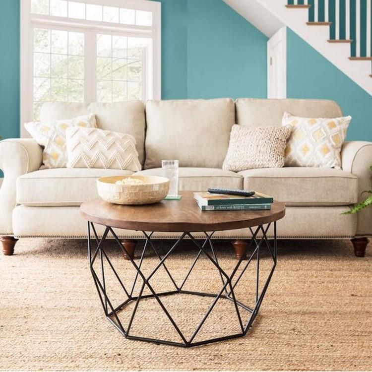 17.7" H Wood Round Top Coffee Table, Metal Frame Base Cocktail Table