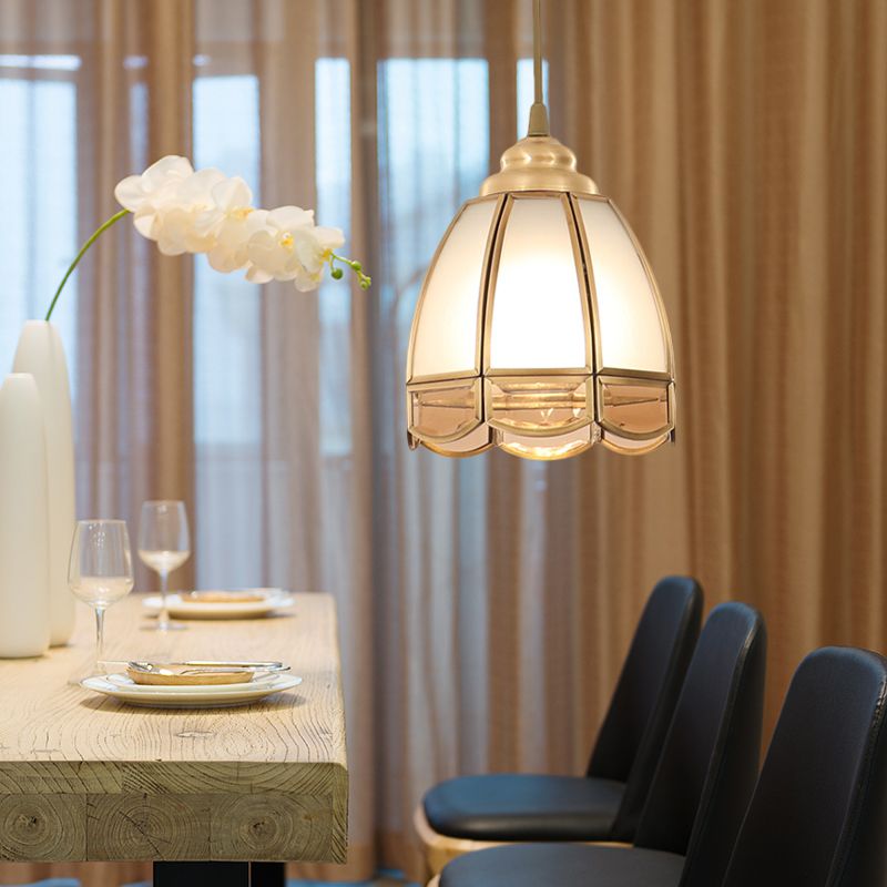 Frosted Glass Bowl/Flower/Wide Flare Hanging Lamp Kit Traditional Style 1 Light Dining Room Pendant Light in Brass