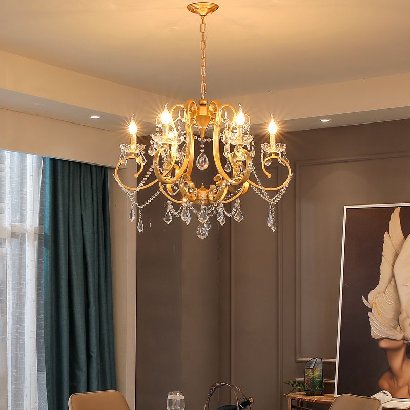 Candle Dining Room Pendant Ceiling Light Crystal Drop 6 Heads Postmodern Chandelier Lamp in Brass
