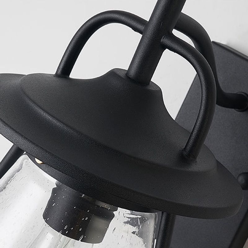1 Light Clear Seeded Glass Wall Sconce Light Industrial Black Cone Shade Outdoor Lighting Fixture