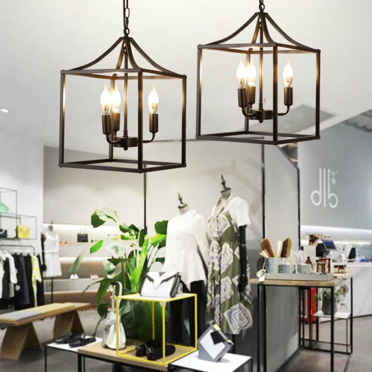 Lámpara de lámpara de metal de jaula colgante de 3 luces negras