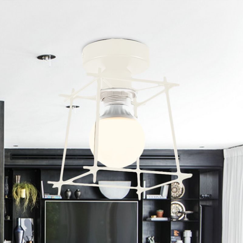 Cubic Metal Semi-Flush Ceiling Fixture with Wire Guard Industrial 1 Head Bedroom Rotatable Semi Flush Mount Lighting in Black/White