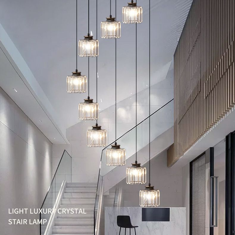 Gold Stairway Cluster Pendant Light in Modern Luxury Style Wrought Iron Hanging Light with Crystal Shade