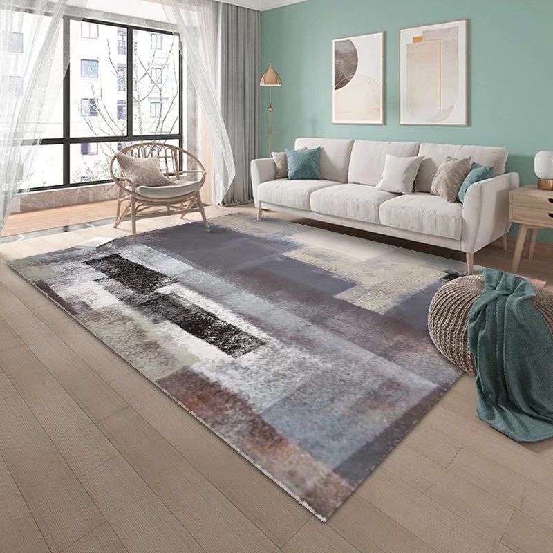 Dark Grey Abstract Print Rug Polyester Modern Rug Washable Rug for Living Room