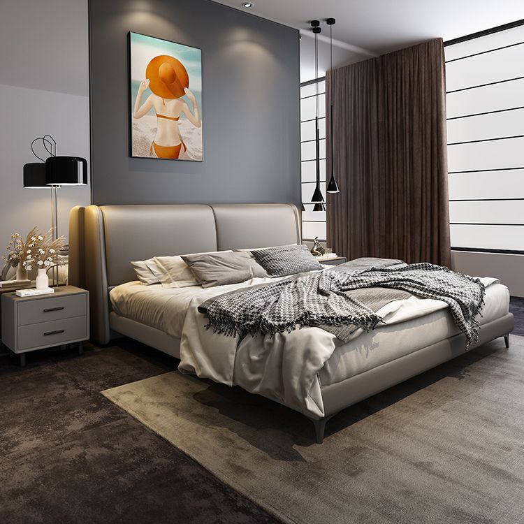 Contemporary Wooden Bed Frame Dark Grey Genuine Leather Standard Bed