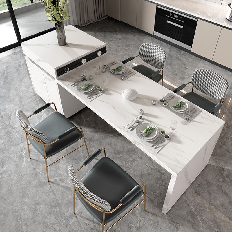 White Stone Contemporary Kitchen Island Table with Storage Cabinet