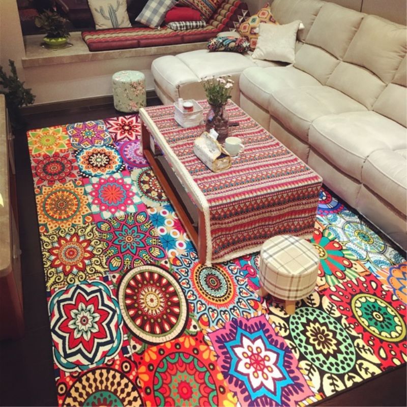 Multi-Color Moroccan Rug Polypropylene Tribal Flower Carpet Anti-Slip Stain Resistant Washable Rug for Living Room