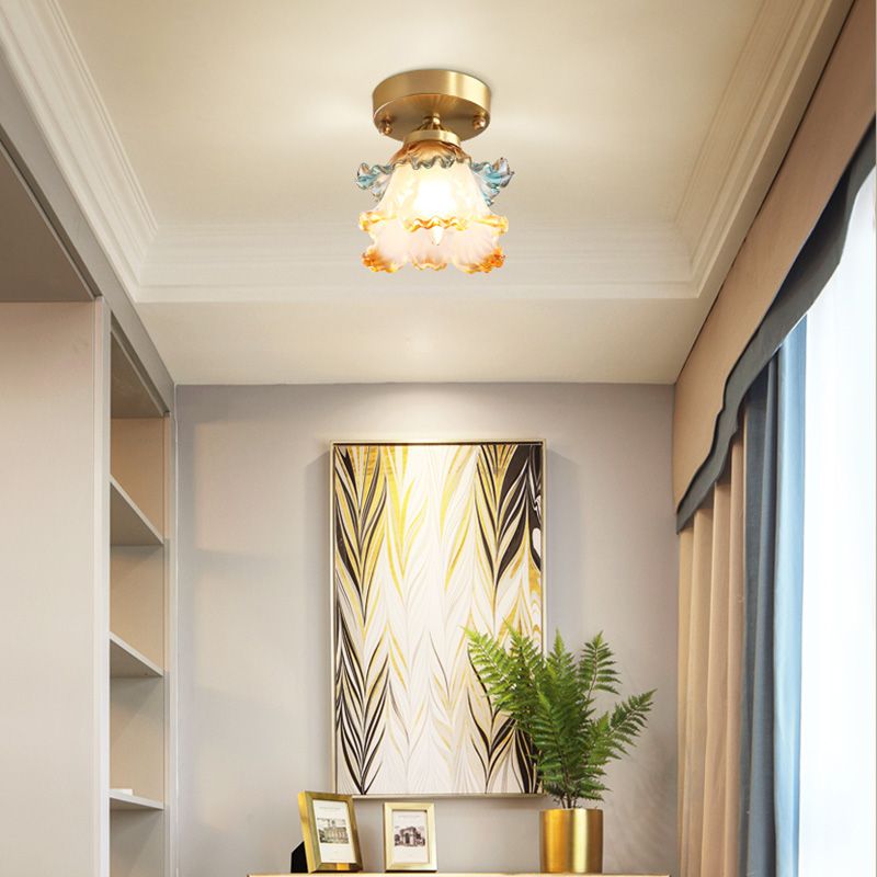Ceiling Mounted Fixture Classic Style Shaded Glass Close to Ceiling Lighting Fixture in Brass