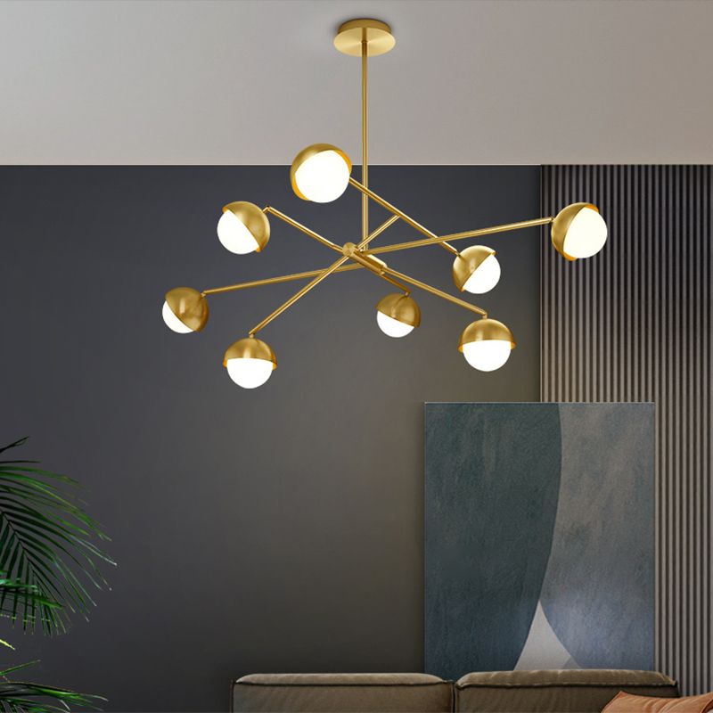 Postmodern Sputnik Chandelier Metal Living Room Pendant Light with White Glass Shade