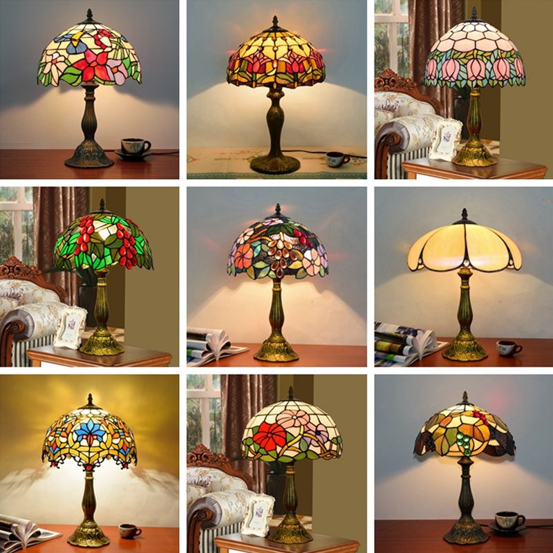 1��Head Table Lamp Decorative Dome Shade Stained Glass Nightstand Light for Living Room