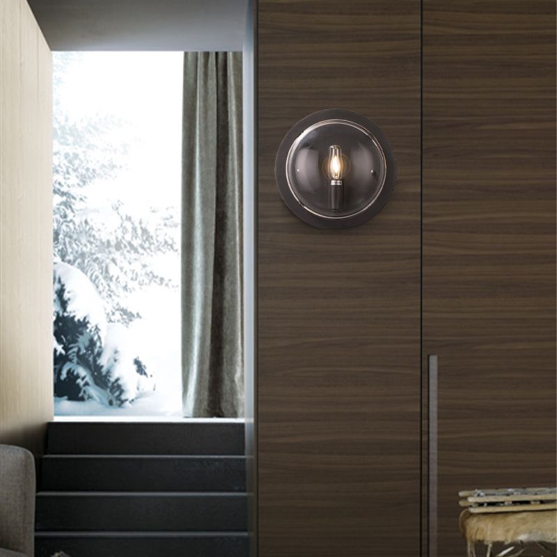 Metal Drum Flush Mount Lighting Retro 1 Light Living Room Wall Sconce Lamp in Black with Clear Glass Shade