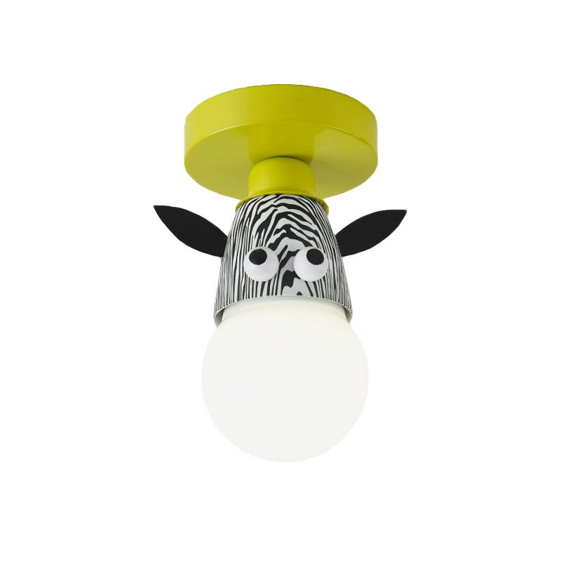 Single Bulb Bedroom Semi-Flush Mount Lighting Kids Yellow Ceiling Lamp with Giraffe / Monkey / Tiger Metal Shade