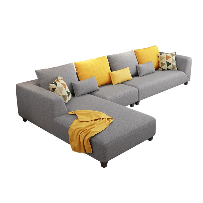 70"W Scandinavian Sectional Sofa Grey Pillowed Back Cushions Sectional