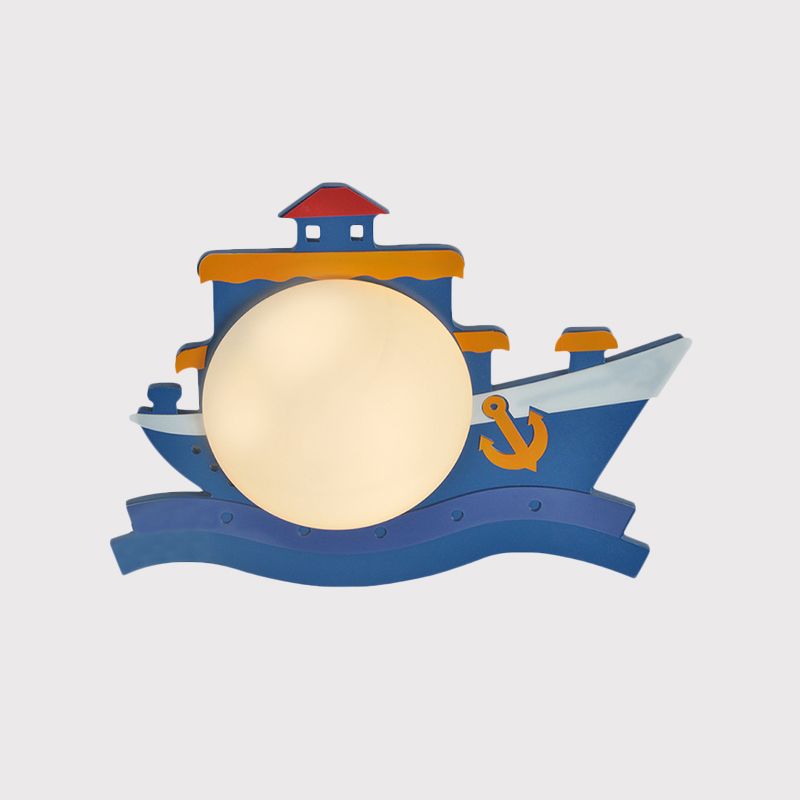 Pirate Ship Wooden Wall Mounted Fixture Kids Pink/Blue LED Wall Sconce Lighting with Round Opal Glass Shade
