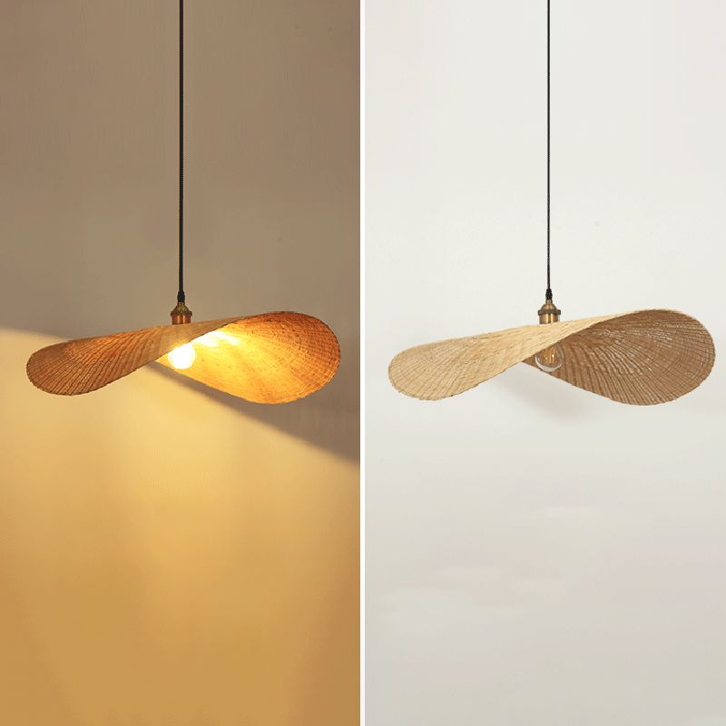 1-Light Beige Bamboo Suspended Lighting Fixture Japanese Pendant Light Kit