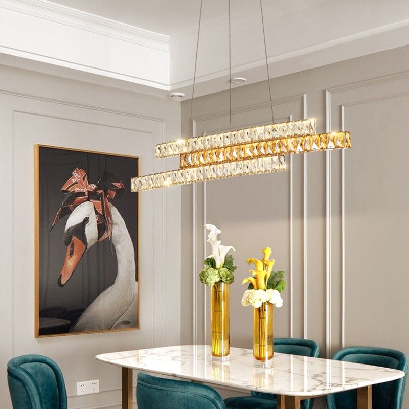 Crystal Encrusted Linear Island Light Fixture Minimalist LED Gold Suspension Pendant Light