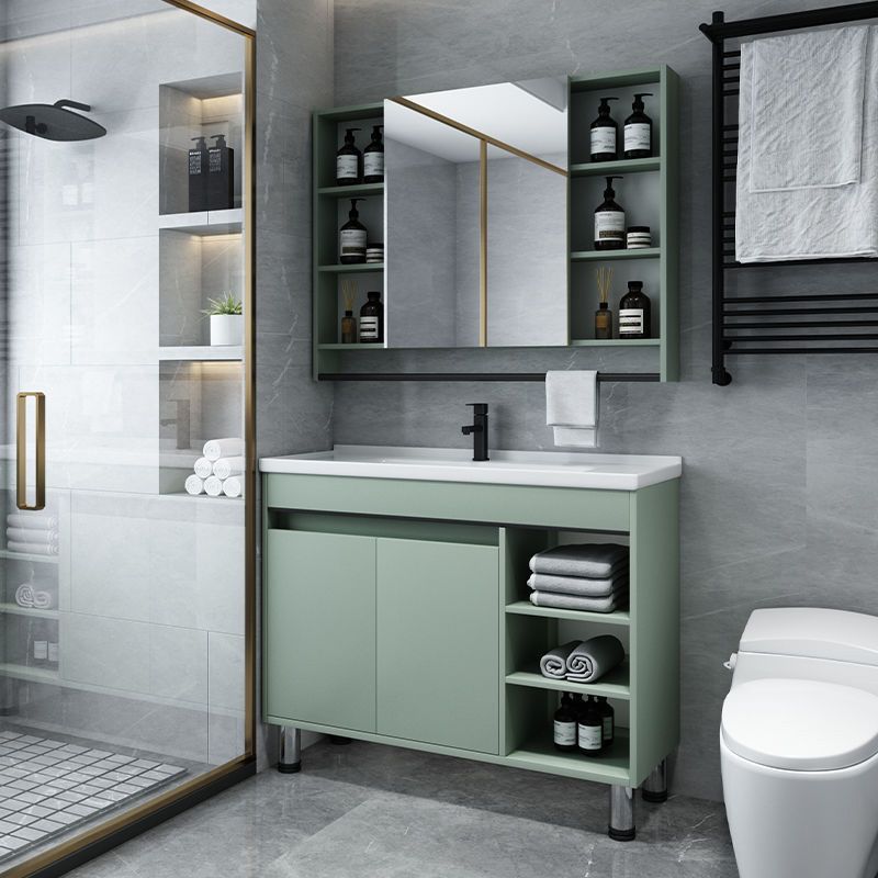 Green Bathroom Vanity Set Ceramic Top 2 Doors Single Sink Vanity Set with Mirror