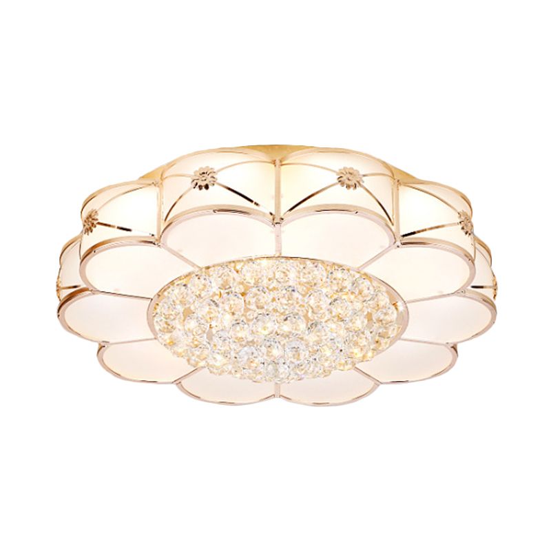 Gold LED Ceiling Light Modern Frosted Glass Layered Petals Flush Mount Fixture with Crystal Ball Drop