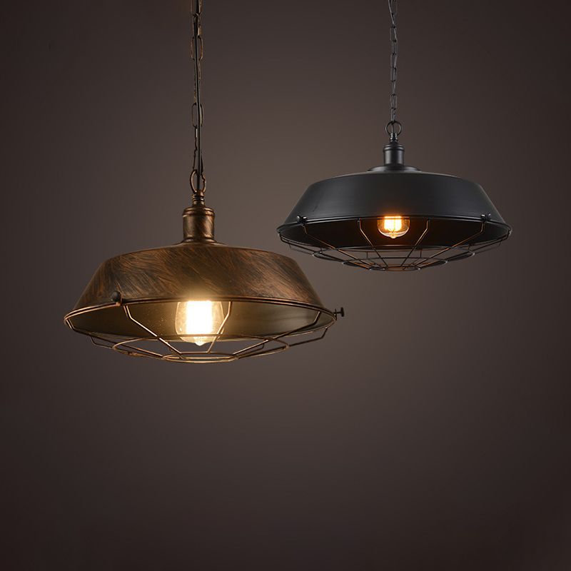 Vintage Pot Lid Shaped Hanging Lamp Single-Bulb Iron Suspension Light for Restaurant
