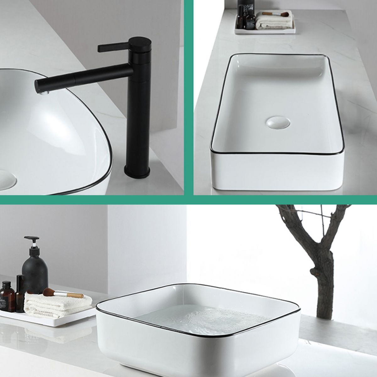 Modern Bathroom Sink Pop-Up Drain Porcelain Rectangular Vessel Sink