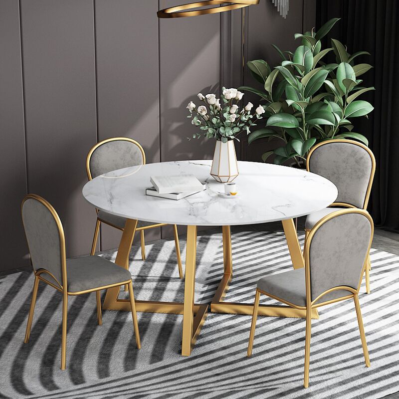 White Stone Top Dining Table Glam Style Gold Base Dining Table for Living Room