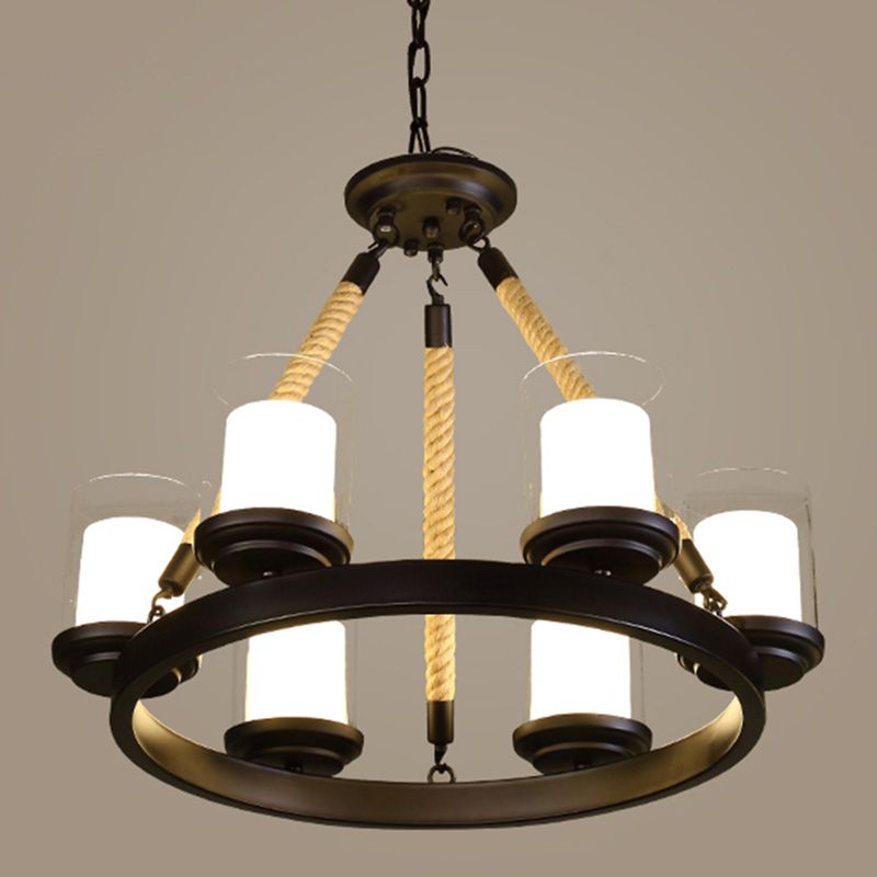 Clear Glass Cylindrical Suspension Lamp Farmhouse Living Room Chandelier with Rope Arm