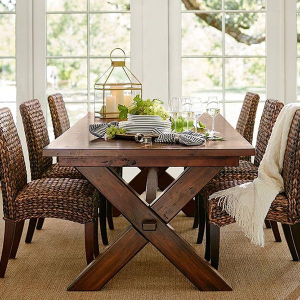 Rectangle Mid-Century Dining Table Brown Tone Fixed Table with Pinewood Solid Wood