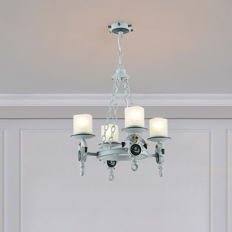 Anchor Suspension Light Modernism Resin 4 Lights Blue Pendant Chandelier with Cylindrical Dimpled Glass Shade