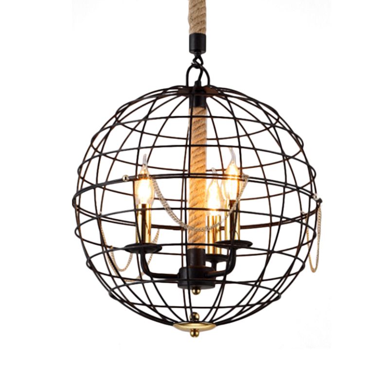 Candle salon pendentif lustre traditionnel métal 3/4 lumières noire suspendus avec cage globe