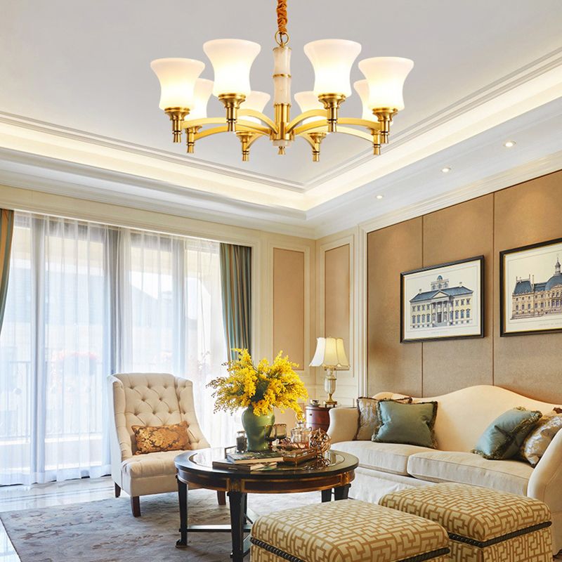 Traditional Flare Chandelier Lighting Fixture Opal Frosted Glass Pendant Lamp for Bedroom