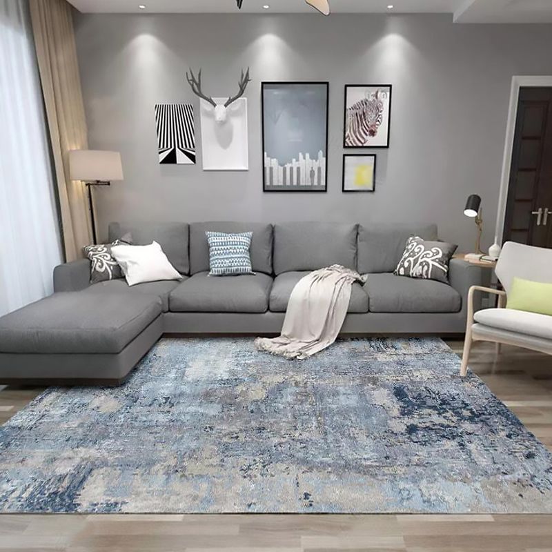 Funky Abstract Rug Blue and Grey Simple Rug Polyester Washable Anti-Slip Backing Carpet for Living Room