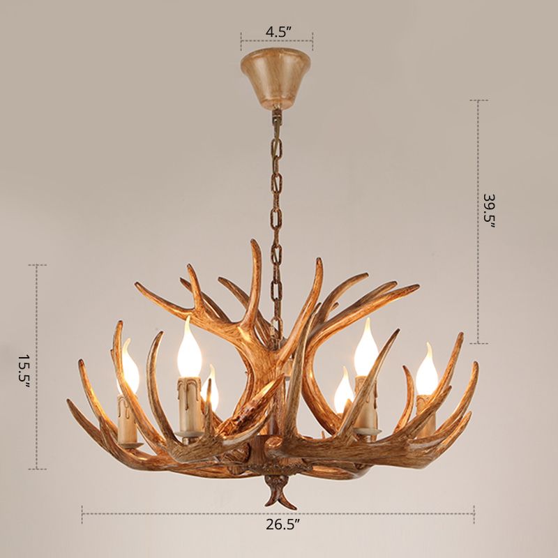 Resin Candle Suspension Light Country Style Restaurant Chandelier with Antler Deco