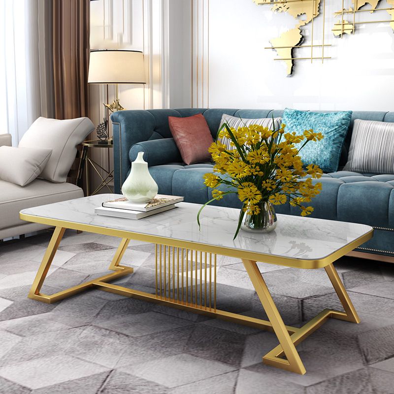 Glam Style Coffee Table with Trestle Base and Marble Top in Rectangle