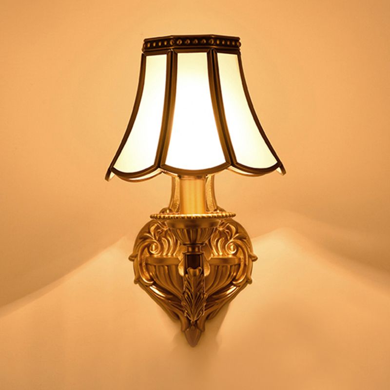 Flared Frosted Glass Wall Sconce Traditional 1/2 Lights White Wall Mounted Lamp with Curly Gold Arm