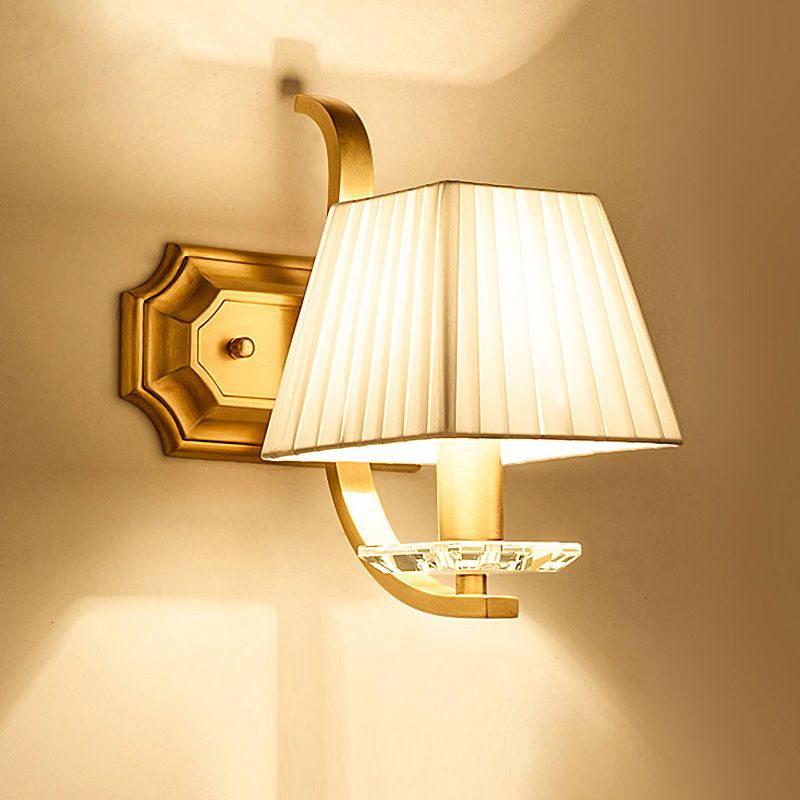 Trapezoid Fabric Shade Sconce Light Vintage 1/2-Head Bedroom Wall Mount Lamp in Gold