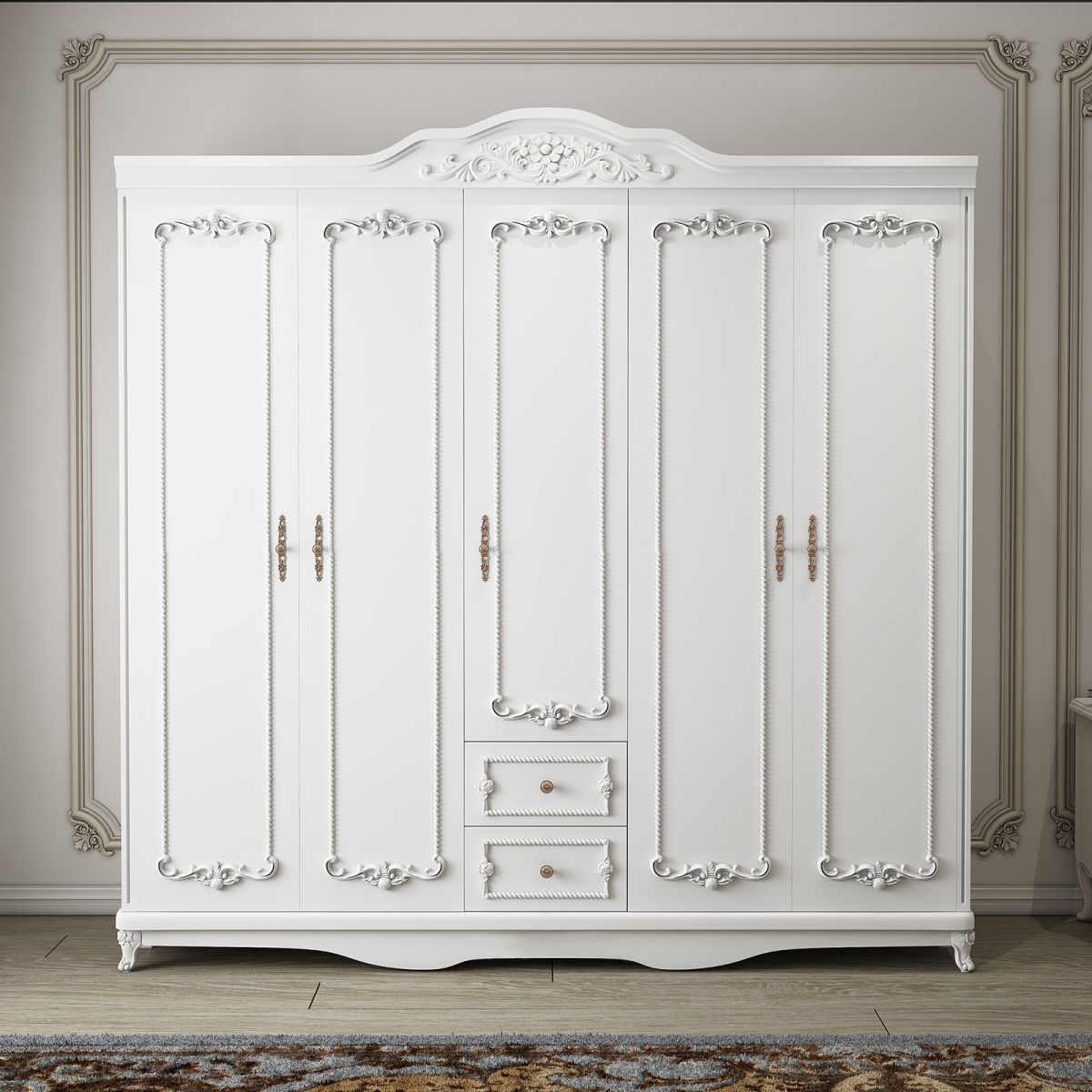 French Country White Wardrobe for Bedroom Manufactured Wood Cabinet with Drawers