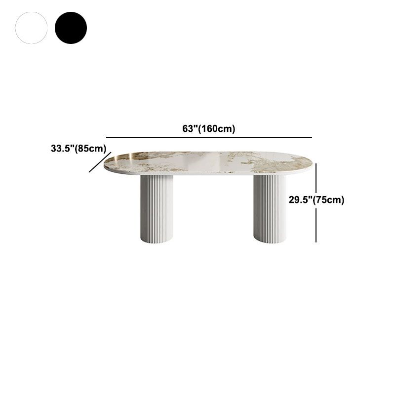 Table de salle à manger ovale moderne avec dessus en pierre et double piédestal en métal
