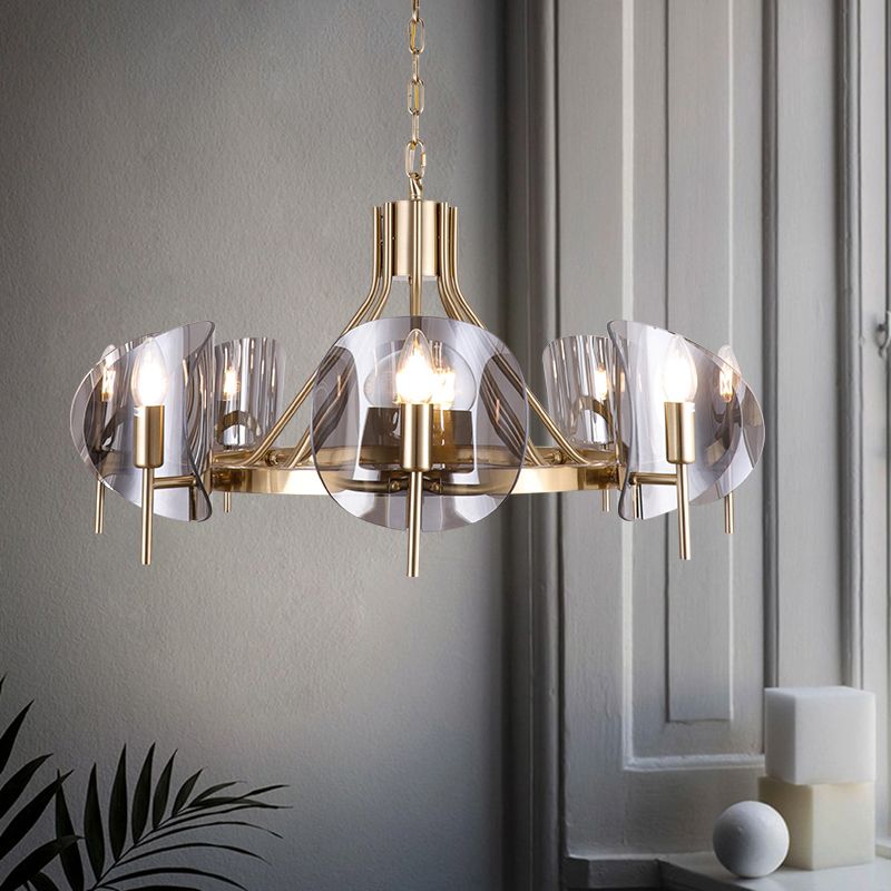 Shield Parlor Ceiling Hang Light Smoky Grey Glass 8 Lights Postmodern Chandelier Lighting in Gold