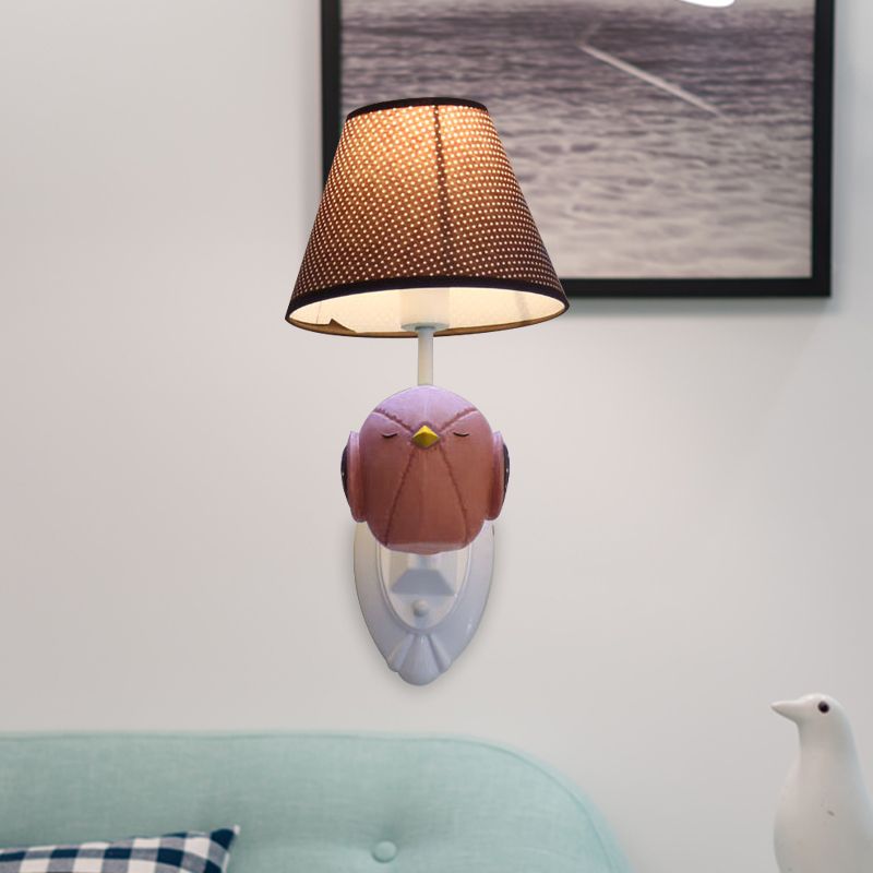 Pink/Blue Bird Wall Mount Light Cartoon 1 Head Resin Sconce Lamp Fixture with Cone Brown Fabric Shade