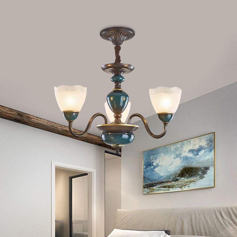 Bowl Frosted Prismatic Glass Hanging Lamp Country 3/6 Lights Bedroom Chandelier Light in Black with Curving Arm