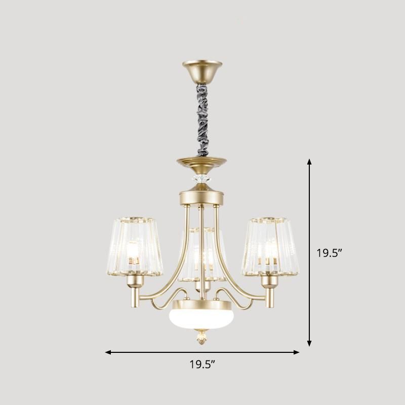 Minimalism Cone Pendant Light 3/6 Bulbs Clear Crystal Block Hanging Chandelier in Gold for Bedroom