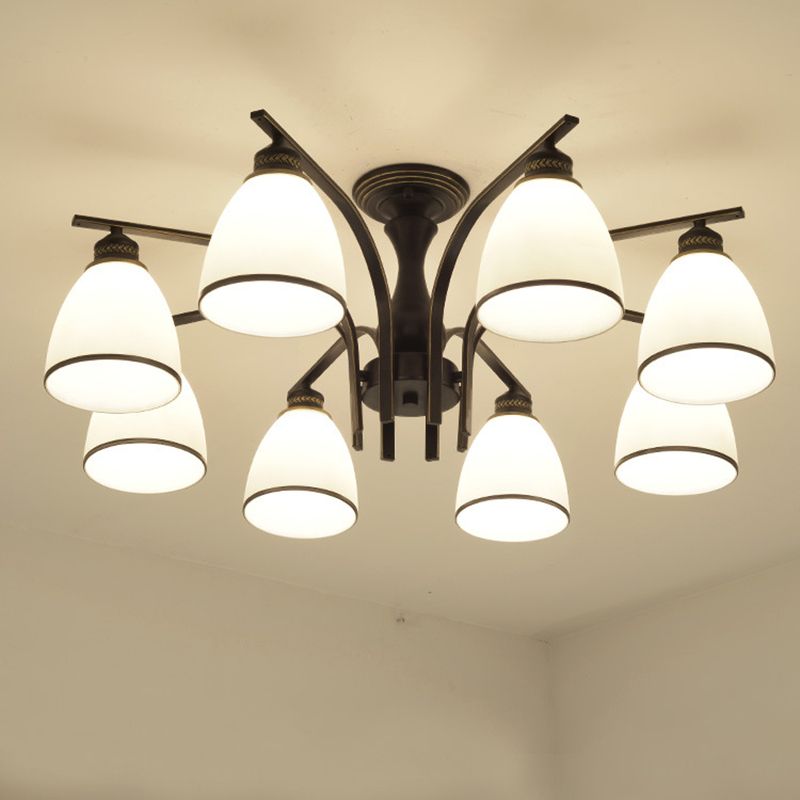 Black Radial Ceiling Light in Traditional Retro Style Wrought Iron Semi Flush Mount with Glass Shade