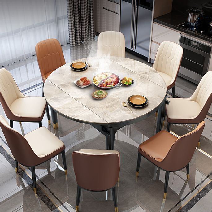 Drop-Leaf Dining Table Sintered Stone Dinner Table with Wooden Base