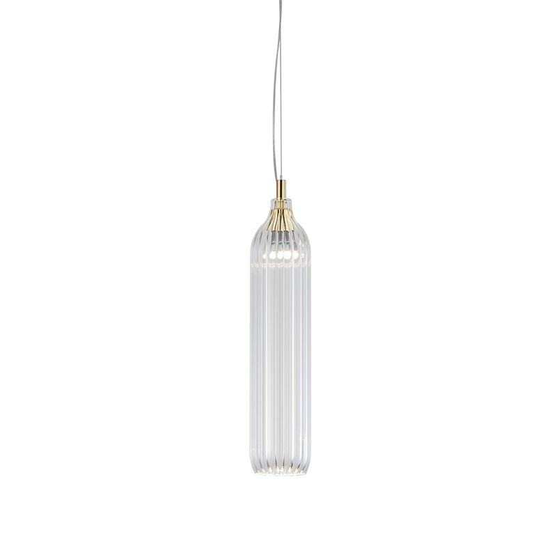 Cylinder Hanging Lighting Vintage Clear/Light Grey Ribbed Glass 1 Light Dining Room LED Pendant Lamp